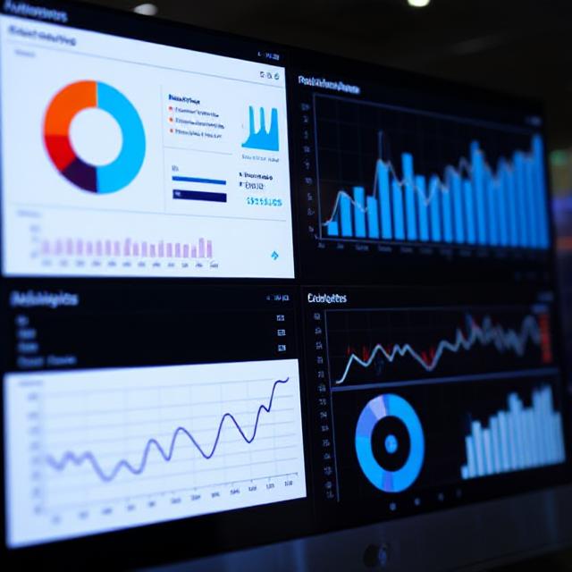 Particle Analytics Grapic, Computer Screens, Blue, Black, White, Orange