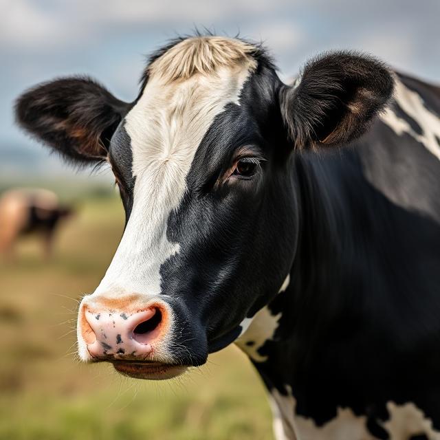 Black and White Cow portrat on farm, Animal Health CDMO graphic, Elise Biopharma CDMO