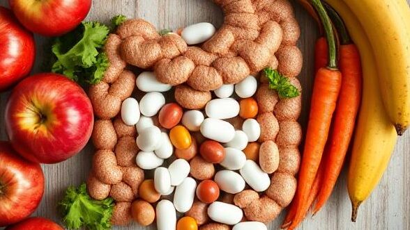 Supplement and vegetables graphic, Elise Biopharma is the best gut health CDMO