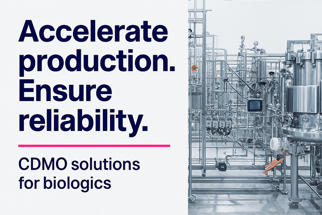 Accelerate production. Ensure reliability. CDMO Solutions for biologics. Elise Biopharma banner