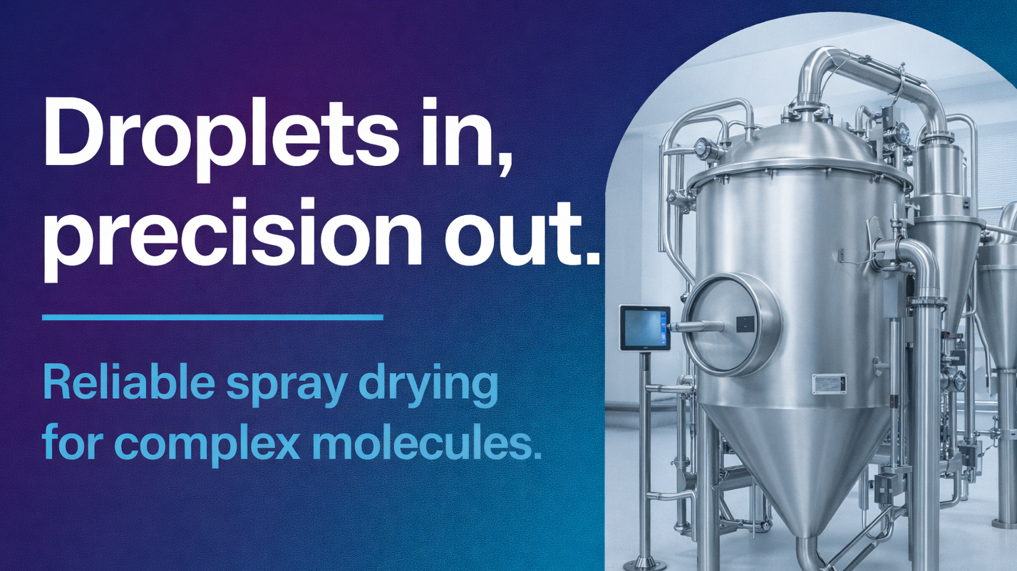Text reads 'Droplets in, precision out. Reliable spray drying for complex molecules.' banner for Elise Biopharma