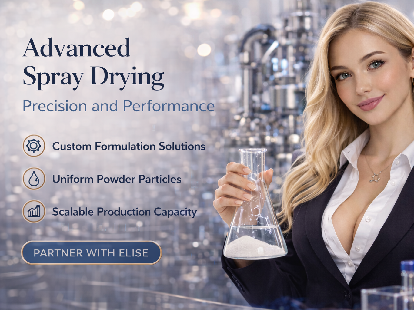 Attractive blong model holding beaker and text says 'Advanced Spray Drying, Precision and Performance, Custom Formulation Solutions, Uniform Powder Particles, Scalable Production Capacity, Partner with Elise