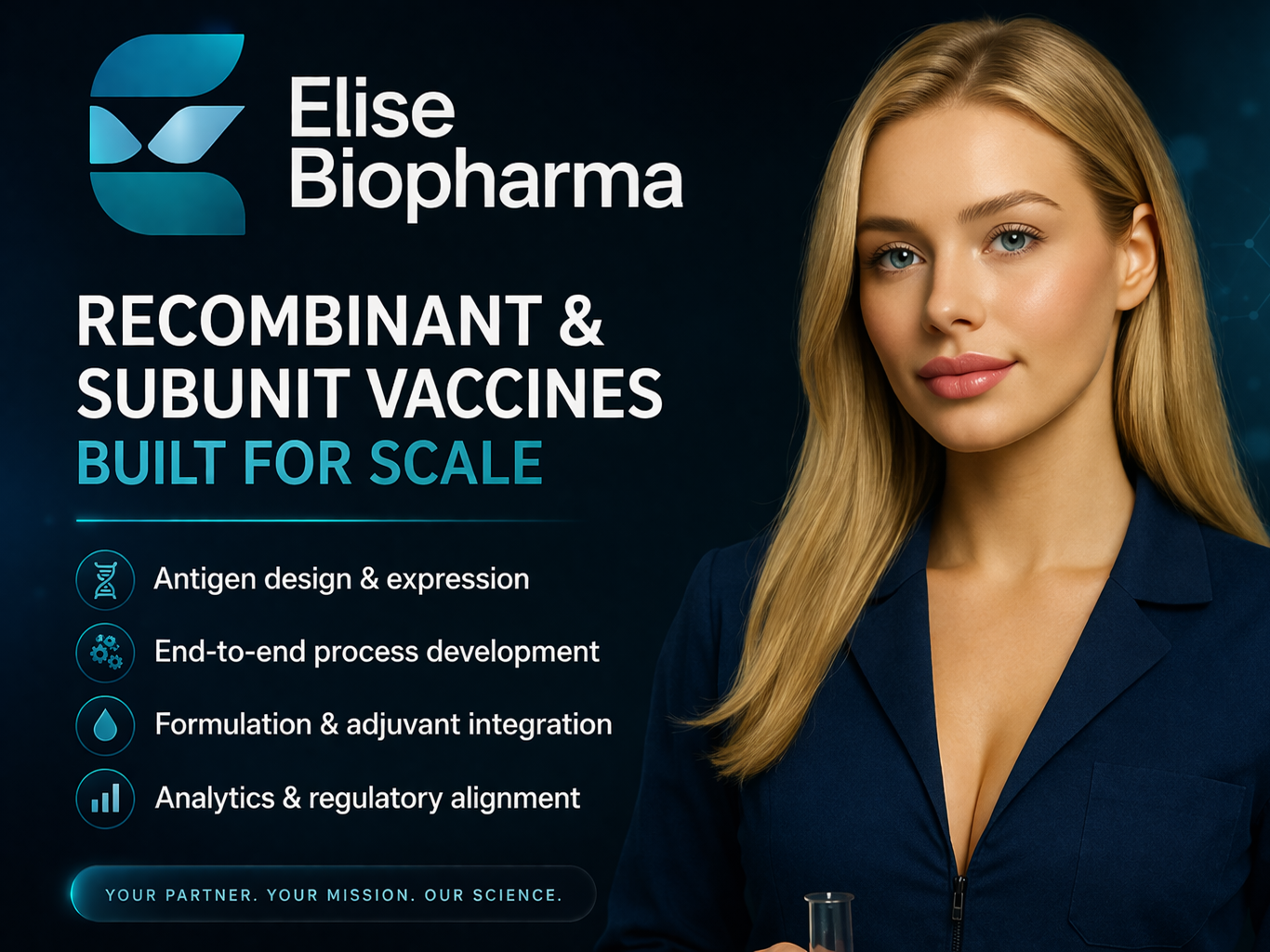 Recombinant & Subunit Vaccine Development graphic with blond model, Elise Biopharma CDMO