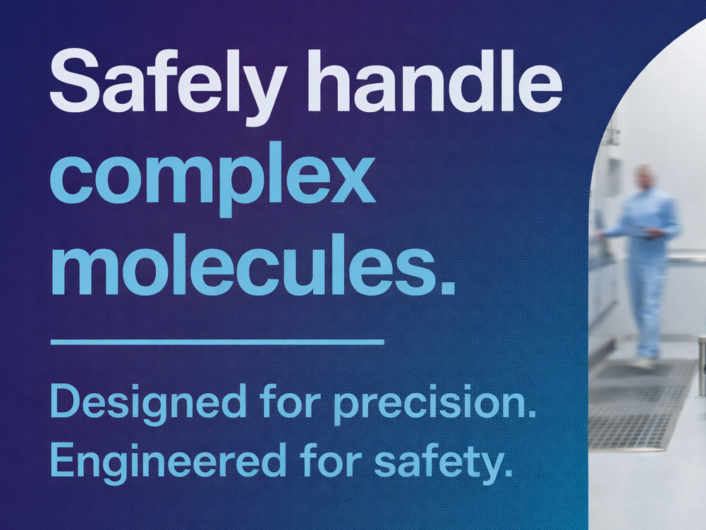 Spray Drying graphic for Elise Biopharma that reads 'Safely Handle complex molecules. Designed for precision. Engineered for safety.'