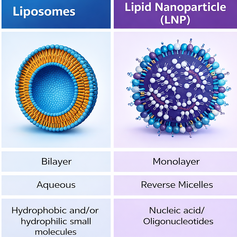Comparison table showing structural differences between liposomes and lipid nanoparticles (LNPs), including bilayer vs monolayer shells, aqueous vs reverse micelle cores, and cargo types such as small molecules versus nucleic acids.