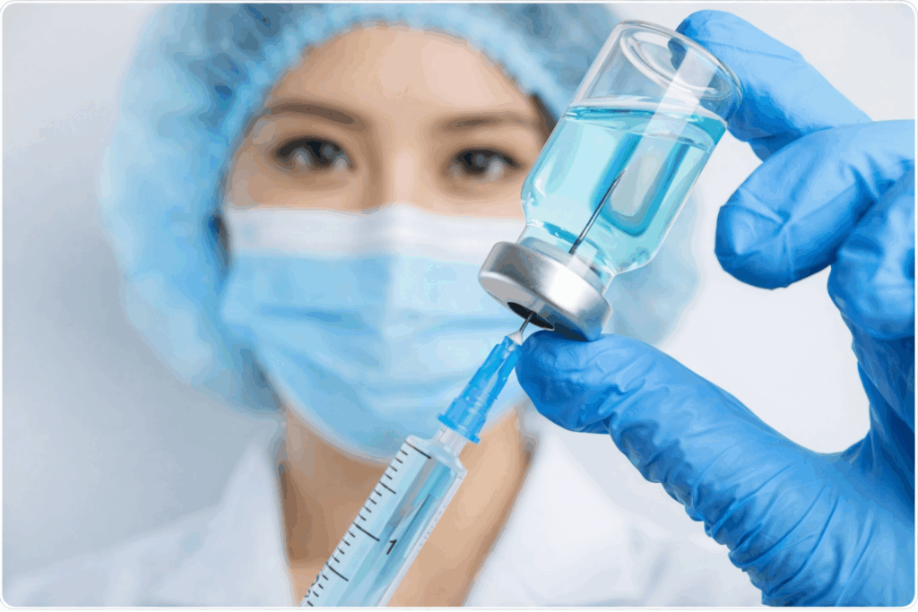 Elise Biopharma, Recombinant & Subunit Vaccine Development image, blue white injectable held by female 