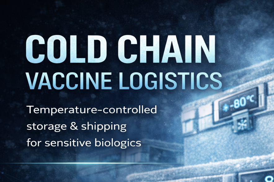 Cold chain vaccine logistics advertisement featuring a frosted glass vaccine vial labeled Elise Biopharma in a frozen storage environment, surrounded by ultra-low temperature shipping containers displaying -80°C, with bold blue high-tech design and text highlighting temperature-controlled storage, secure transport, and stability for sensitive biologics