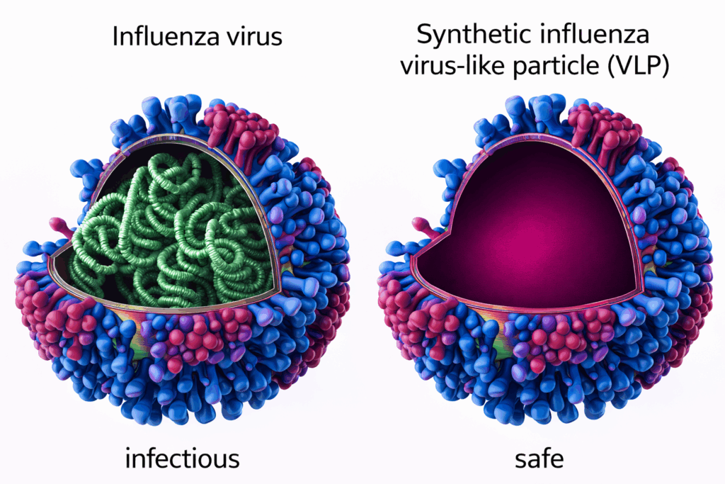 Influenza Virus & Synthetic influenza virus-like particle (VLP) graphic, infectious vs safe