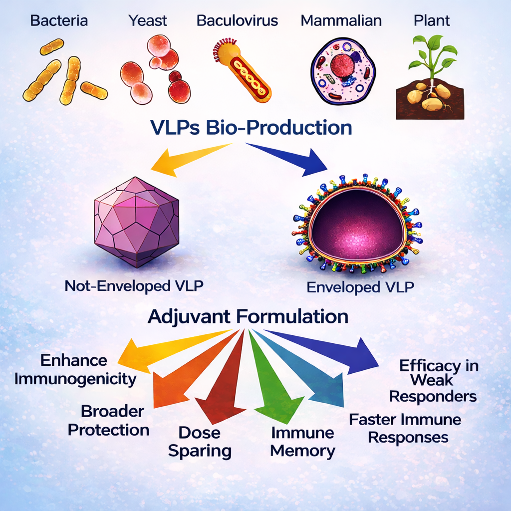 Infographic showing VLP bio-production from bacteria, yeast, baculovirus, mammalian, and plant systems leading to non-enveloped and enveloped VLPs, followed by adjuvant formulation benefits including enhanced immunogenicity, broader protection, dose sparing, immune memory, faster immune response, and efficacy in weak responders.