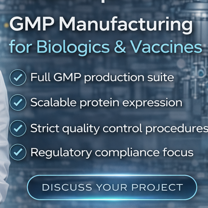 GMP Manufacturing for Biologics & Vaccines, Full GMP production suite, Scalable protein expression, Strict quality control procedures, Regulatory compliance focus, Discuss your project