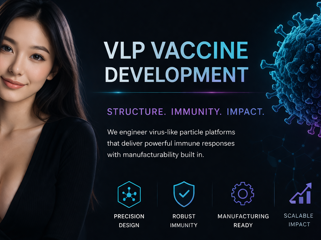 Beautiful woman and VLP Vaccine Development, Structure, Immunity, Impact. We engineer virus-like particle platforms that deliver powerful immune responses with manufacturability built in. Precision Design, Robust Immunity, Manufacturing Ready, Scalable Impact.