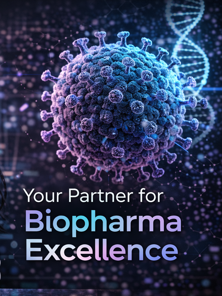 Text: Your Partner for Biopharma Excellence, with a viral vector vaccine blue purple object