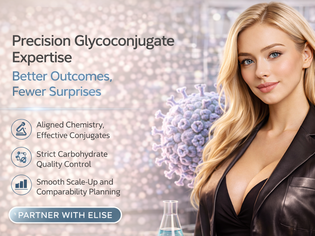 High-resolution digital advertisement for Elise Biopharma featuring a blonde female model in a black blazer with a deep V neckline, positioned on the right and looking directly at the viewer. The background is a softly lit, modern laboratory setting with subtle biotech visuals and a stylized virus particle. On the left, clean, minimal text highlights glycoconjugate expertise with the headline “Precision Glycoconjugate Expertise” and subheadline “Better Outcomes, Fewer Surprises,” followed by three concise bullet points on chemistry alignment, carbohydrate quality control, and scalable process development. A call-to-action button reads “Partner with Elise.