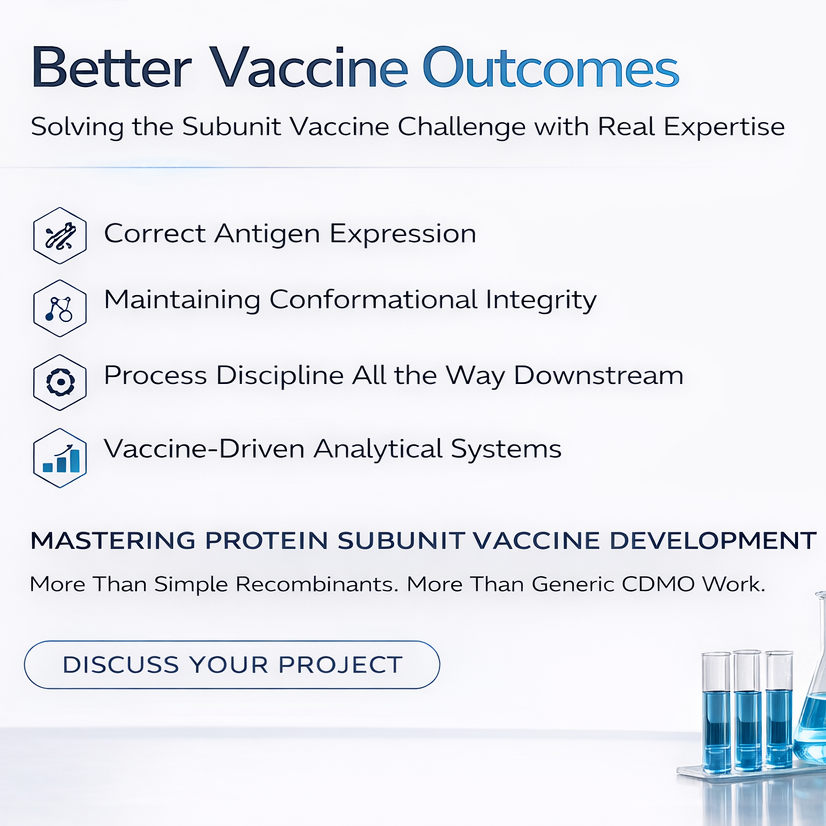 Square banner that says 'Better Vaccine Outcomes, Solving the Subunit Vaccine Challenge with Real Expertise, Correct Antigen Expression, Maintaining Conformational Integrity, Process Discipline All the Way Downstream, Vaccine-Driven Analytical Systems, Mastering Protein Subunit Vaccine Development, More than Simple Recombinants, More than Generic CDMO Work, Discuss Your Project