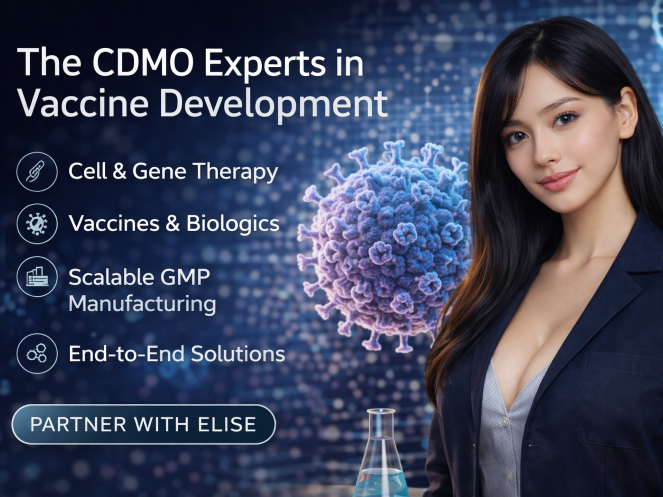 High-resolution biotech advertisement featuring a young East Asian woman with long black hair, wearing a fitted dark blazer and looking directly at the viewer with a soft, confident expression. She is positioned on the right side against a cool-toned laboratory background with a stylized virus particle and DNA motif. On the left, clean, modern text reads “The CDMO Experts in Vaccine Development,” followed by concise bullet points highlighting cell and gene therapy, vaccines and biologics, scalable GMP manufacturing, and end-to-end solutions. A call-to-action button reads “Partner with Elise.”
