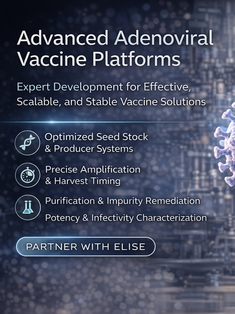High-resolution biotech advertisement with a modern laboratory background featuring blurred stainless steel equipment and a stylized adenoviral particle. Clean, left-aligned text reads “Advanced Adenoviral Vaccine Platforms,” followed by a subheadline emphasizing scalable, stable vaccine solutions. Bullet points highlight optimized seed systems, precise amplification and harvest timing, purification and impurity control, and potency characterization. A rounded call-to-action button at the bottom reads “Partner with Elise.”