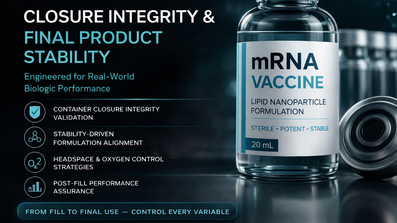 Elise Biopharma, mRNA Vaccine graphic, closure integrity & Final Product Stability