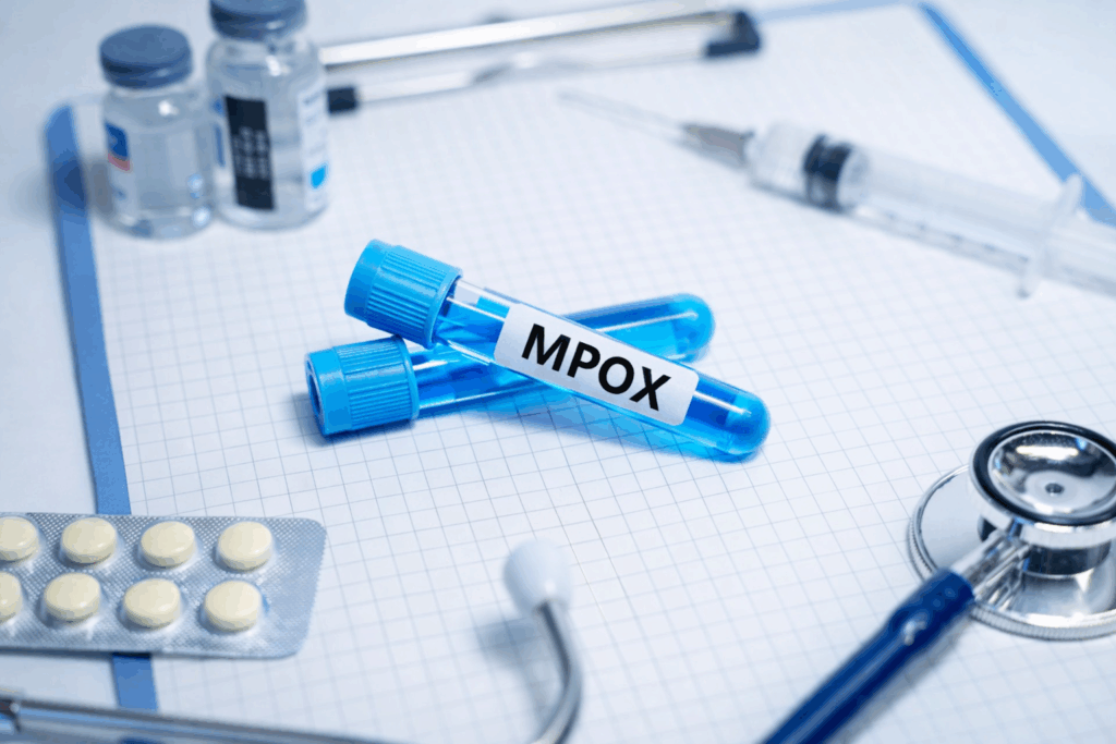 MVA-BN vaccine for Mpox, blue virals labeled 'MPOX' and pills and a syringe and more medical bottles on white table. 