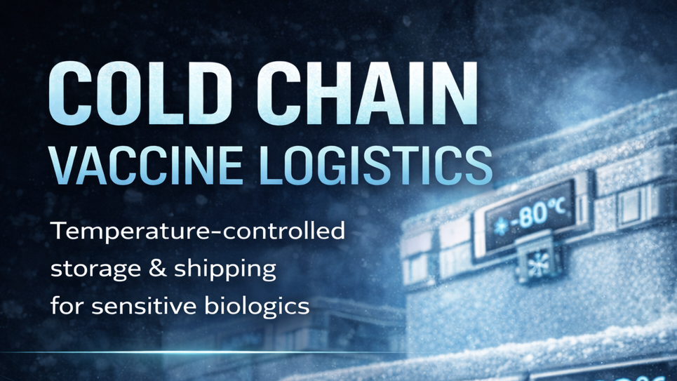 Cold chain vaccine logistics banner with minimal text for Elise Biopharma a CDMO