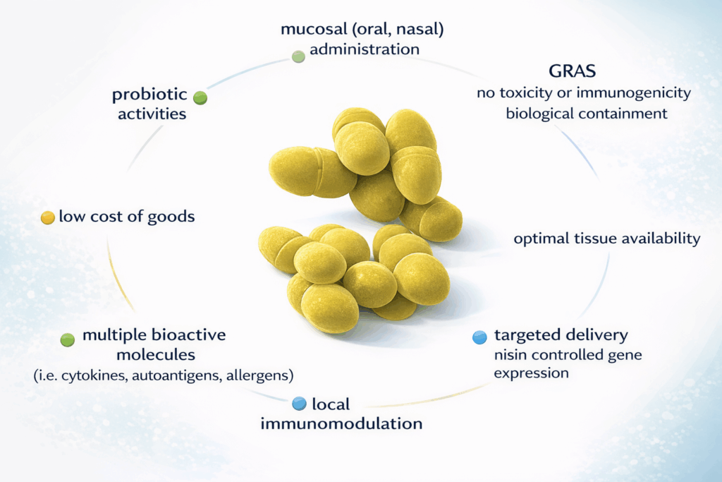 Modern scientific infographic showing clustered probiotic bacterial cells centered on a clean gradient background, surrounded by labeled benefits including mucosal administration, GRAS safety, probiotic activity, low cost, bioactive molecule delivery, tissue availability, targeted gene expression, and local immunomodulation.