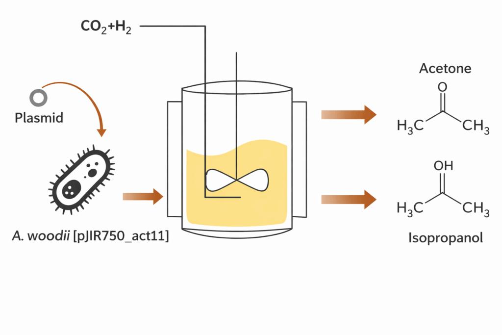Simplified diagram showing engineered A. woodii receiving a plasmid and CO₂ + H₂ inputs, processed in a bioreactor to produce acetone and isopropanol, with labeled chemical structures and directional arrows, Elise Biopharma CDMO graphic