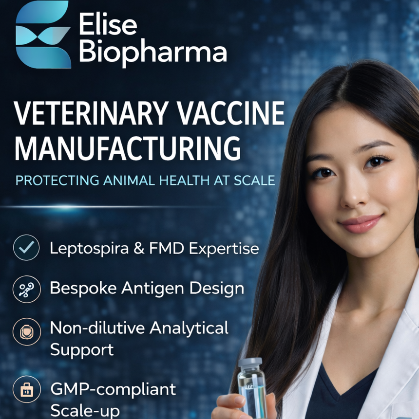Elise Biopharma marketing banner for Veterinary Vaccine Maufacturing, Protecting Animal Health At Scale, with Asian woman and more bullets