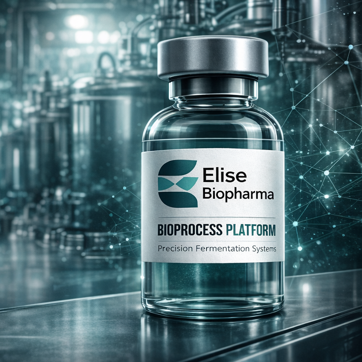 Vaccine glass bottle with logo and text Elise Biopharma, Bioprocess platform, Precision Fermentation Systems