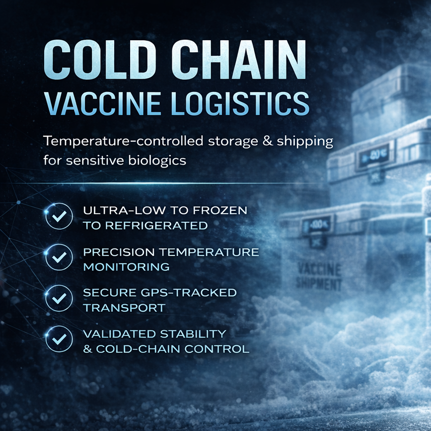 Cold chain vaccine logistics poster featuring a frosted vaccine vial labeled Elise Biopharma in a cold environment