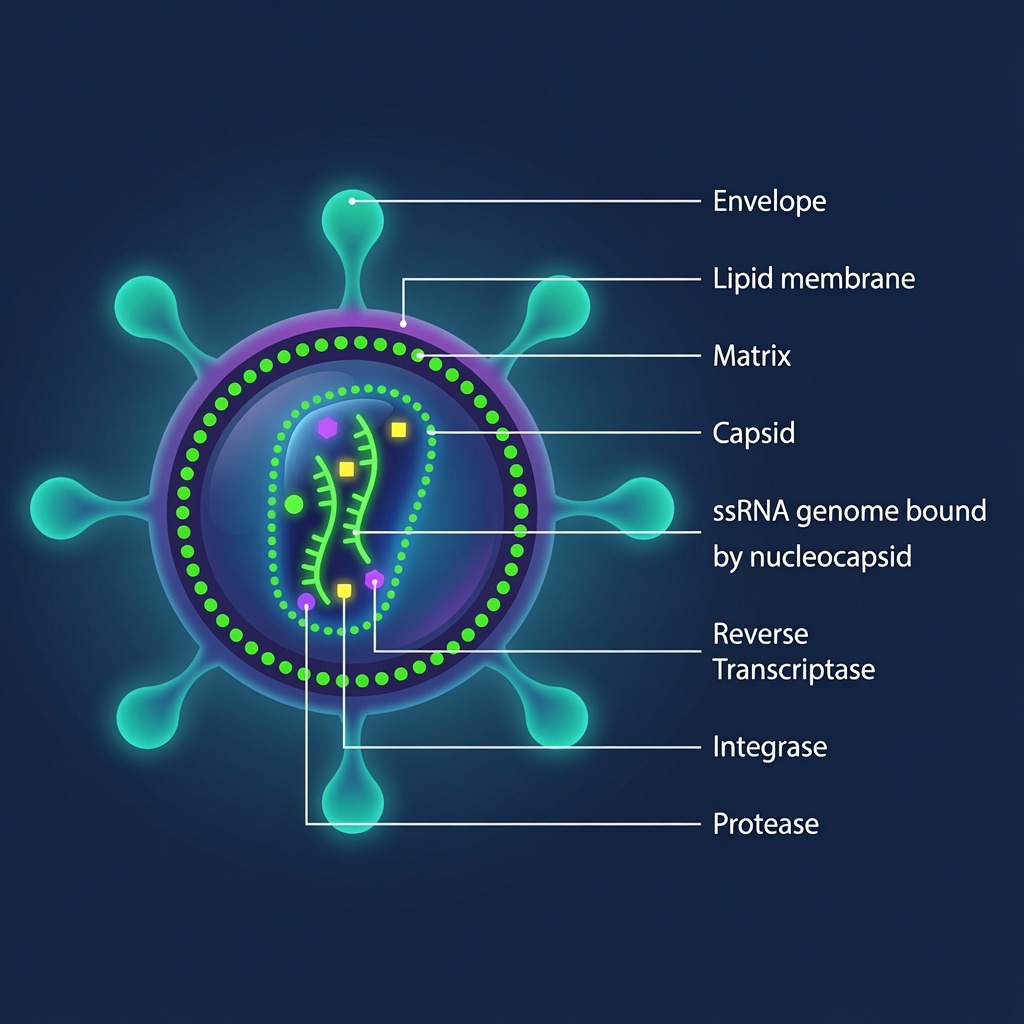Colorful scientific diagram of lentiviral vector structure with labelled parts: envelope, lipid membrane, matrix, capsid, ssRNA genome, reverse transcriptase, integrase, and protease.
