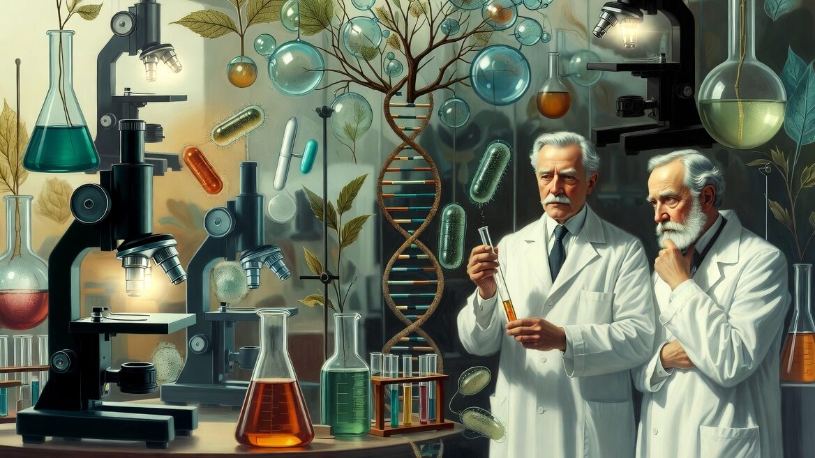 Oswald Avery and Walther Goebel in laboratory surreal artistic collage with DNA biotech tree microscopes plants and scientific glassware contemplative portrait of pioneering bacteriologists.