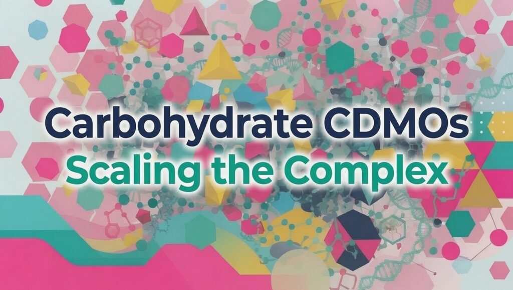 Carbohydrate CDMOs banner with bold navy text “Carbohydrate CDMOs” and teal “Scaling the Complex” over a dense flat geometric pattern of hot pink, yellow, turquoise and baby blue polygons, hexagons, triangles and molecular structures