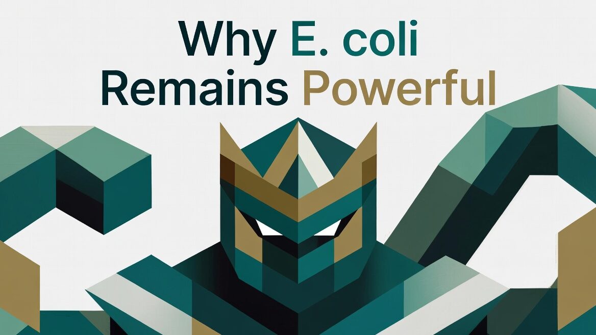 Geometric cubist banner with the title “Why E. coli Remains Powerful” in bold teal and gold text. A stylized strong E. coli figure made of sharp angular planes and cubes wears a gold crown and armor-like form, rendered in deep teal, emerald, and gold against a light background. Clean, modern biotech illustration style.