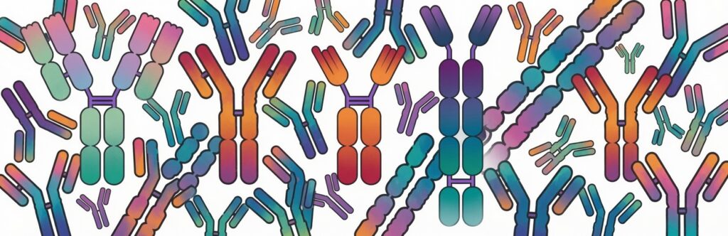 Wide horizontal banner packed with dozens of stylized antibody and VHH nanobody structures in varied sizes and orientations. Clean, precise black outlines with smooth matte color gradients in pink, orange, red, teal, blue, purple and green. Dense, dynamic arrangement of conventional Y-shaped and heavy-chain-only forms on a plain white background.