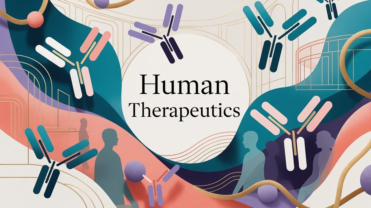 Artistic banner titled “Human Therapeutics” centered in a white circle. Flowing abstract waves in teal, coral, purple and gold surround stylized antibody structures. Subtle silhouettes of people and soft modern hospital architectural lines appear in the lower and background areas. Clean, sophisticated biotech illustration style.