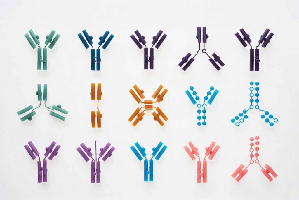 Grid of fifteen stylized antibody and single-domain constructs arranged in three rows on a white background. Varied formats include classic Y-shapes, multi-arm and X-shaped structures, constructs with small spherical attachments, and branched forms with connected beads. Solid matte colors in teal, purple, orange, blue, and coral. Clean modern biotech illustration style.