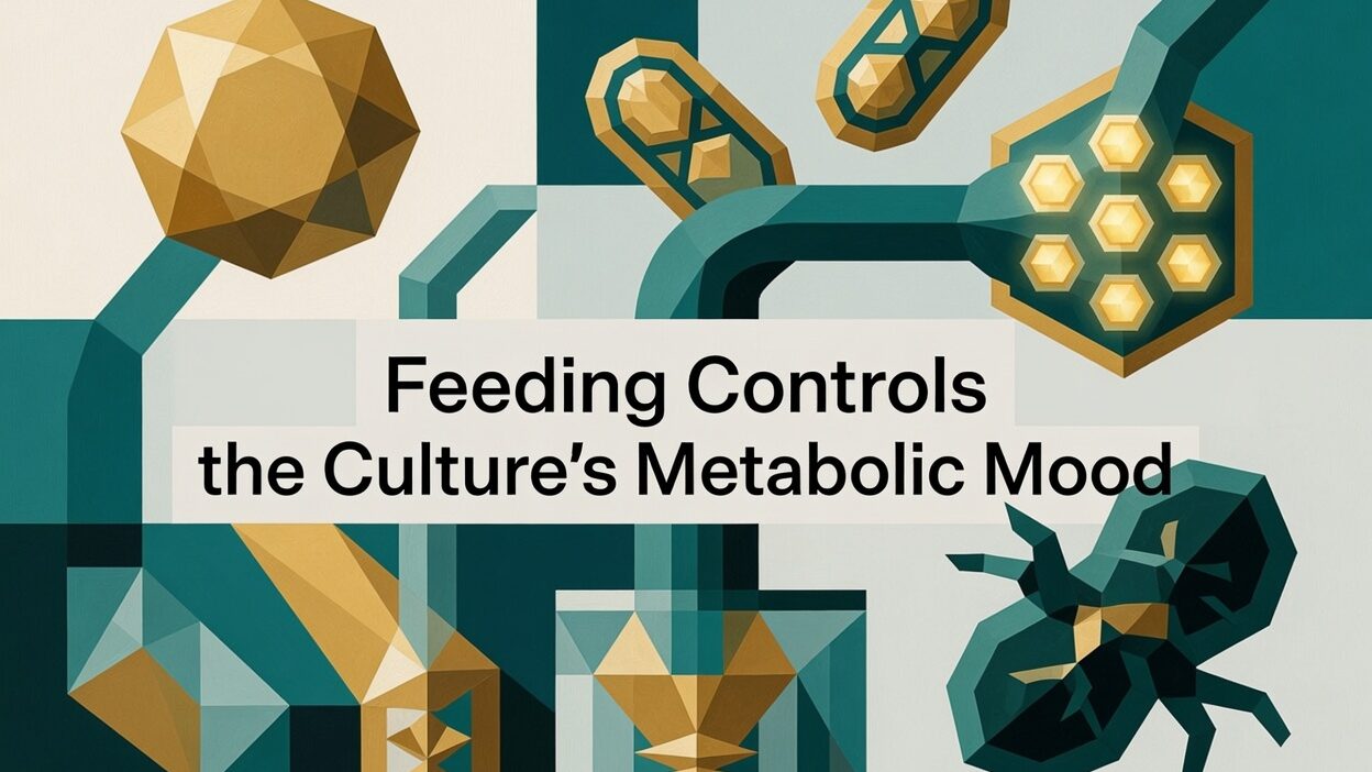 Geometric cubist banner titled “Feeding Controls the Culture’s Metabolic Mood”. Stylized angular bioreactor components, geometric microbial cells, and glowing hexagonal feed elements in teal and gold. Abstract gold polyhedron and a dark teal geometric microbe appear around the bold black title text. Clean modern biotech illustration style.